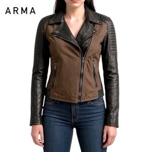 ARMA Collection Genuine Leather Canvas Moto Biker Jacket Mix Media Black Brown S